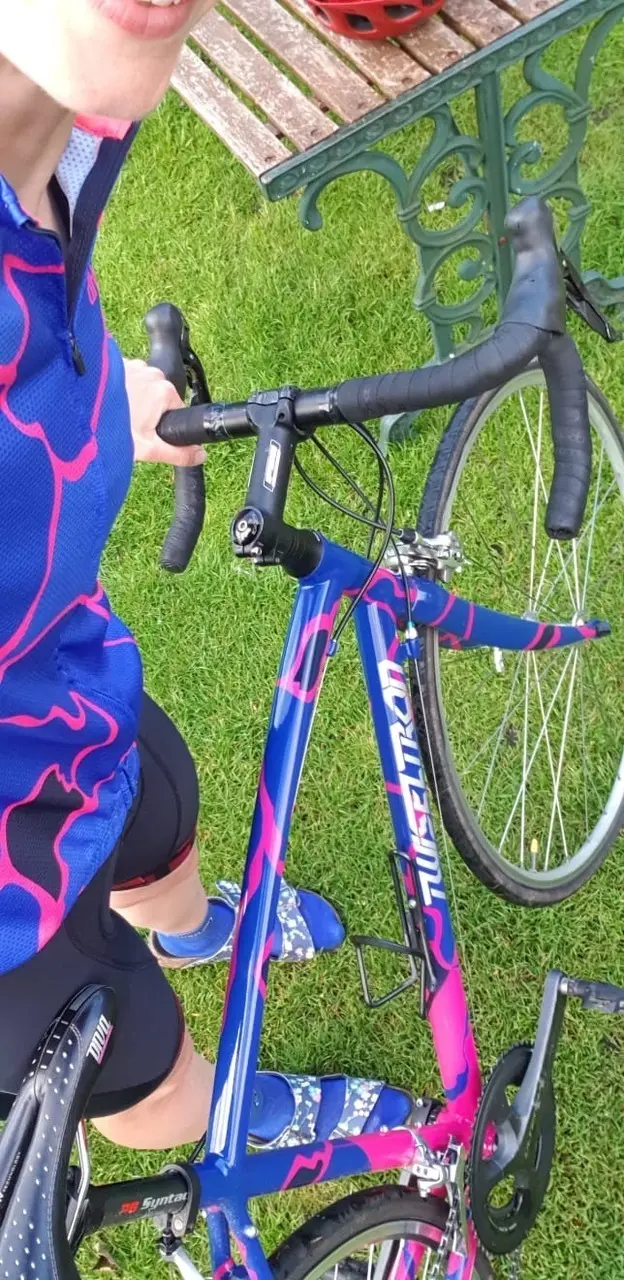 Road bike custom painted with rattle can in purlpe, blue & metalic silver with matching kit